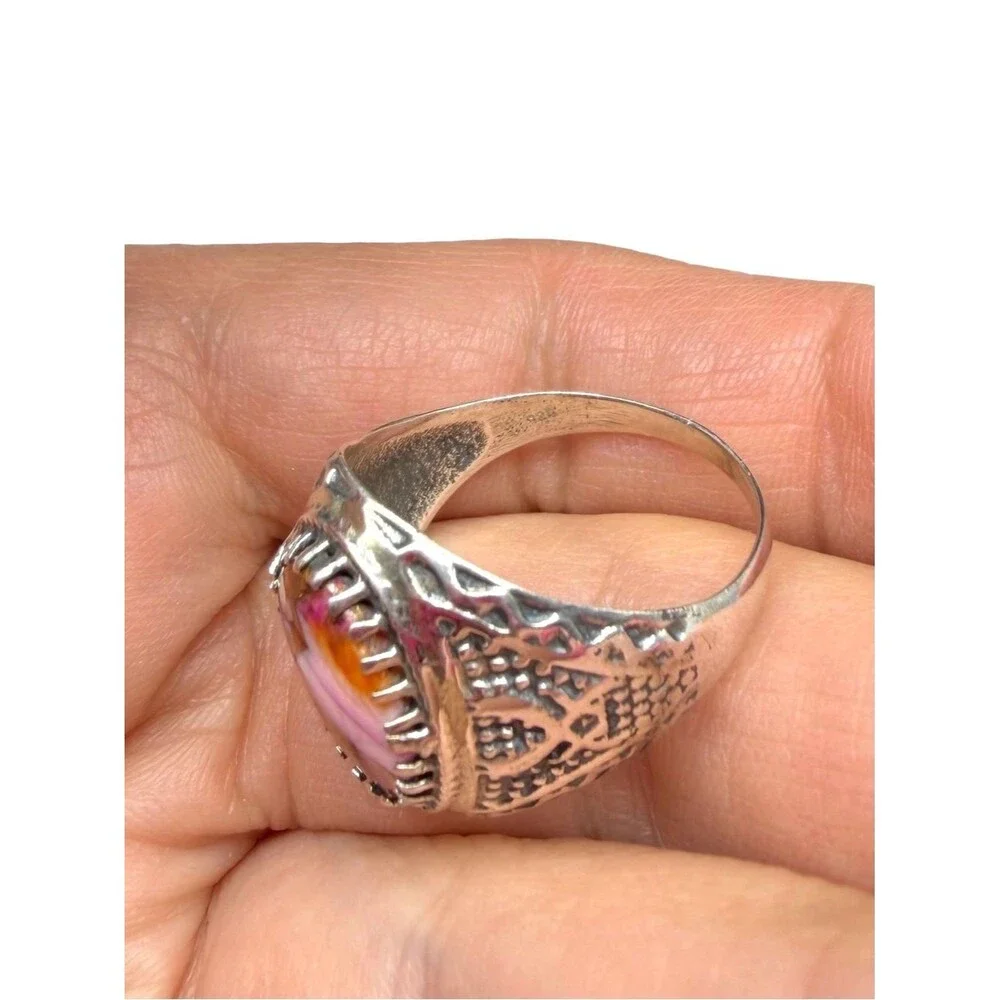 Kingman Pink Dahlia Turquoise Ring Size 10 Solid 925 Sterling Silver Oval